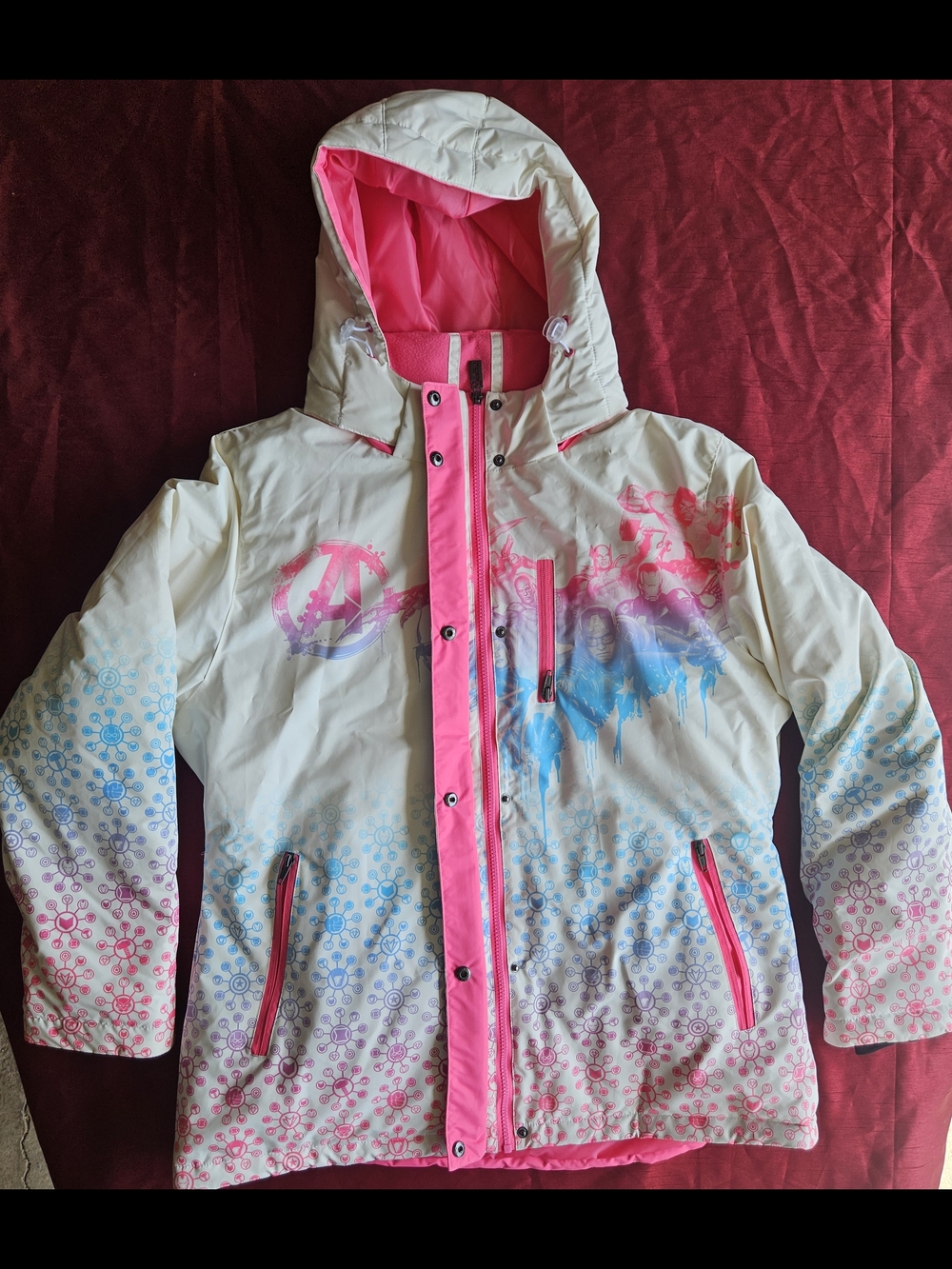 Women's Marvel Avengers Snowboard Jacket White Pink Hooded Ski Zip-Up Winter NEW